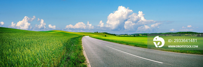 Beautiful idyllic landscape in countryside banner format with a wide field of cereals and a pasture divided by a deserted asphalt road against a blue summer sky.