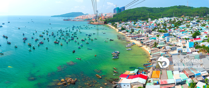 Aerial View from cable car Of Wooden Fishing Boat on sea An Thoi harbor in Phu Quoc Island, Vietnam.