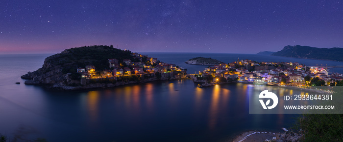 Fantastic view of Amasra city at night. Panoramic view of Amasra on a summer evening. ( long exposure shooting ) Bartin city - Turkey