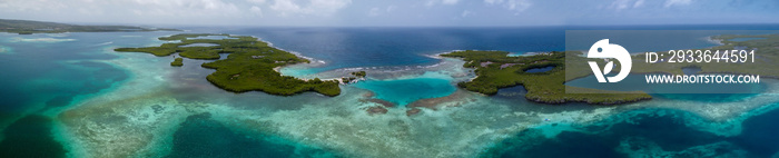 Panoramic view of crystal clear waters and islets of Tucacas, in Morrocoy National Park, Venezuela