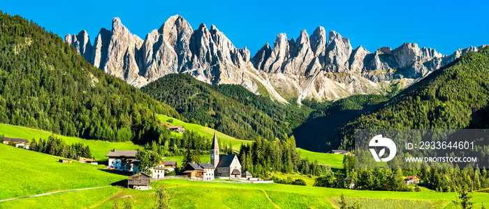 View of Val di Funes with the Chruch of Santa Maddalena in the Dolomites Mountains. UNESCO world heritage in South Tyrol, Italy