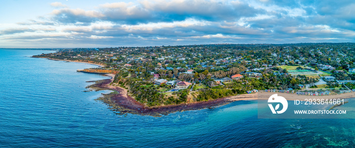 Aerial panoramic landscape of scenic coastline near Mount Eliza suburb in Melbourne, Australia