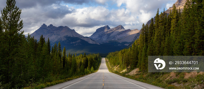 Panoramic View of Scenic road in the Canadian Rockies during a vibrant sunny summer day. Taken in Icefields Parkway, Banff National Park, Alberta, Canada.