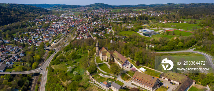 Aerial view of the city and monastery Lorch in Germany on a sunny spring day during the coronavirus lockdown.