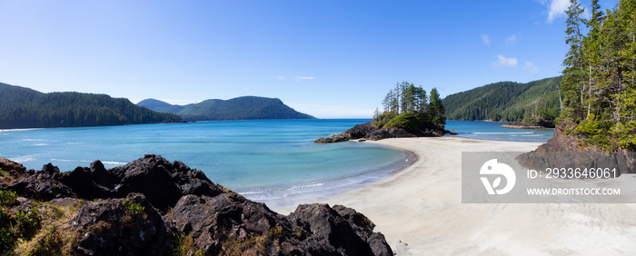 Beautiful panoramic view of sandy beach on Pacific Ocean Coast. Taken in San Josef Bay, Cape Scott Provincial Park, Northern Vancouver Island, BC, Canada.
