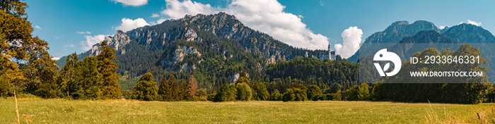 High resolution stitched panorama of a beautiful alpine summer view with the famous castle Neuschwanstein, Schwangau, Bavaria, Germany