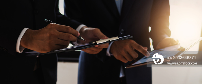 close up hand of business people note information as standing meeting with partner