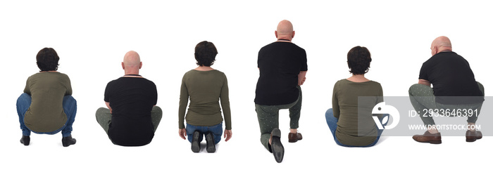 group of couple sitting on floor on white background