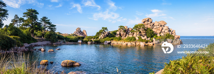 Panoramic view of the Pors Rolland creek on the Pink Granite Coast in northern Brittany, France, an idyllic rocky beach in the pink granite blockfield of Ploumanac’h.