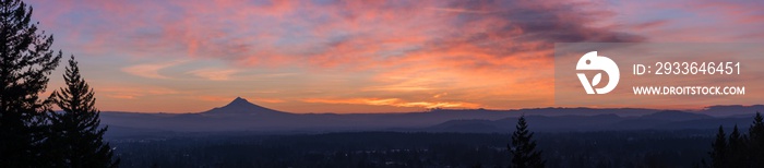 Sunrise pano over East Portland Oregon and Mt Hood