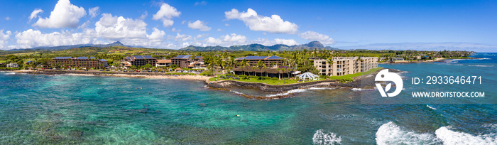 Wide panorama of the coastline around Lawa’i beach near Poipu on the south coast of Kauai