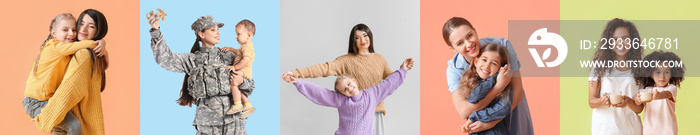 Collage with mothers and their daughters on colorful background