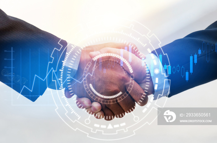 Partnership - business man handshake with effect digital network link connection and graph chart of 