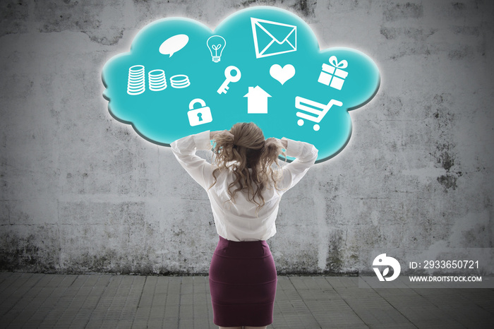 business woman with digital content cloud