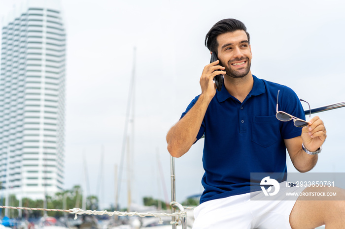 Confident Caucasian businessman talking on mobile phone for success global corporate business while 