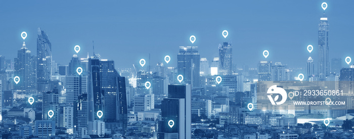 5G pin icon network connection activity in the modern city skyscraper technology in blue tone illust