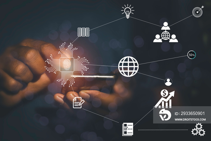 Hand use mobile phone and circle network communication technology for global.Data in the global comp