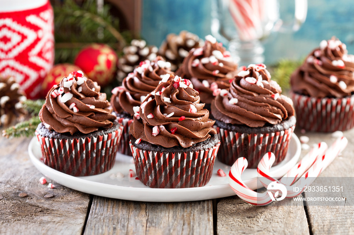 Chocolate peppermint cupcakes with candy cane