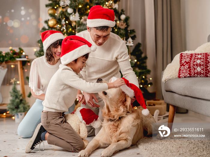 Family near christmas tree while dog is passing by