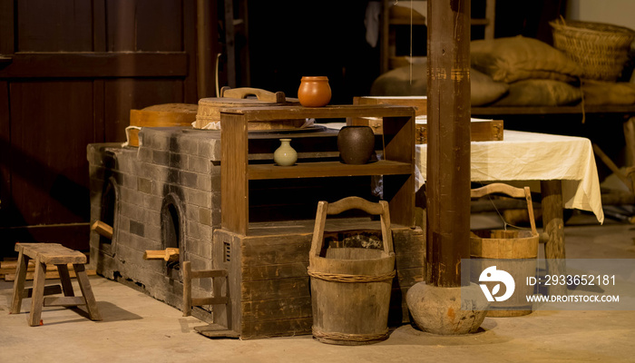 The one of old chinese style kitchen in part or the Old village screen for decorate at the film scre