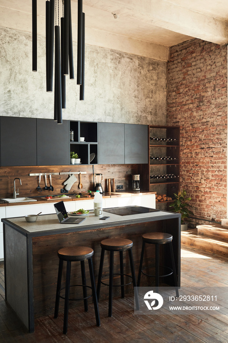 Vertical background image of kitchen interior with loft design elements, copy space