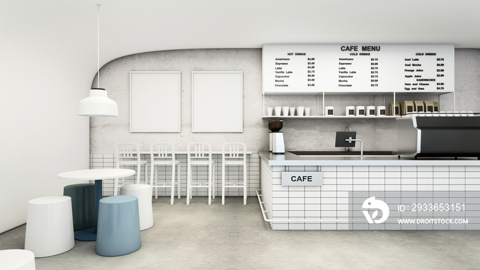 Cafe shop & Restaurant Modern Design. Modern white curved wall,concrete floor,Modern Design Furnitur
