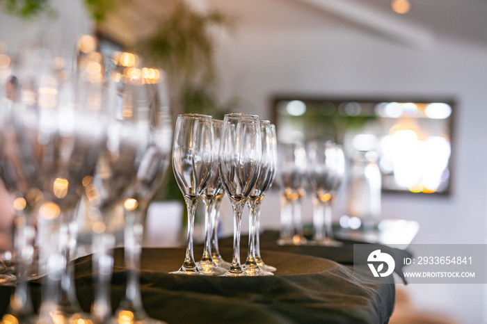 Wedding reception hall empty glasses close up