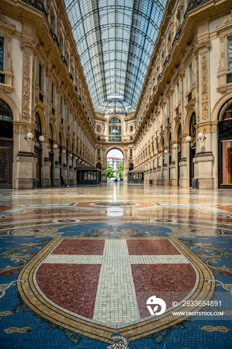 Empty streets due to covid-19 virus. Lockdown in european town. Strange spring in Milan galleria Vit