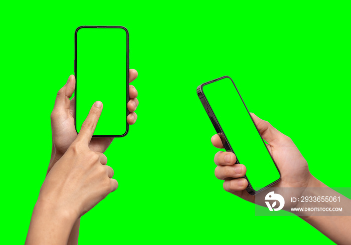 Studio shot of hand shows mobile smartphone with green screen in vertical position isolated on backg