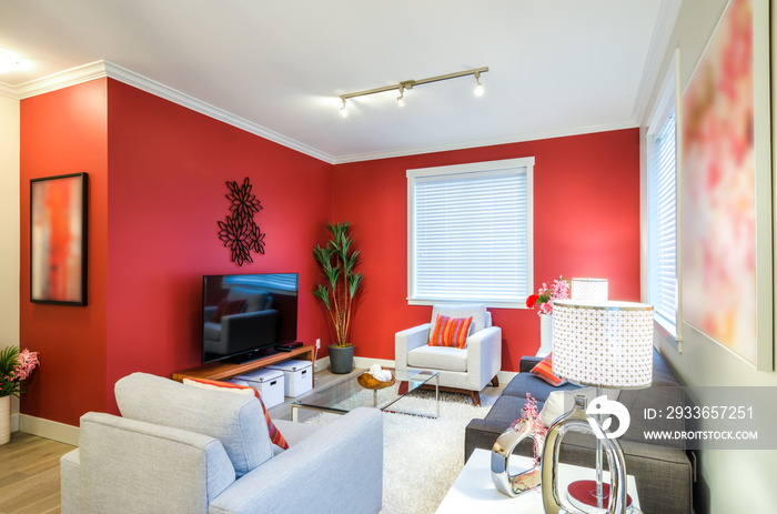 Modern red living room interior design.