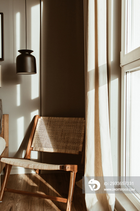 Modern stylish bedroom interior design concept. Cozy neutral Scandinavian tan colored living room wi