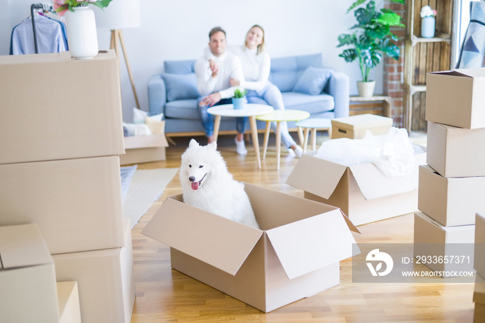 Young beautiful couple with dog sitting on the sofa at new home around cardboard boxes