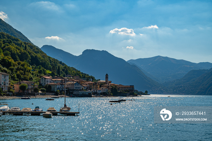 View of Lake Como and the town of Lezzeno, with the church and its village.