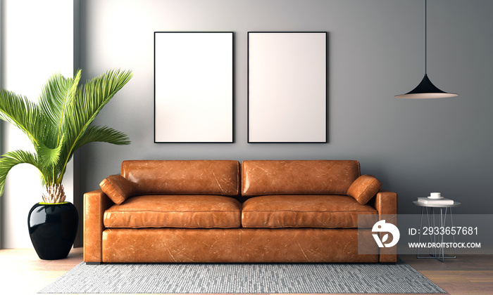 Realistic Mockup 3D Rendered Interior of Modern Living Room with Sofa - Couch and Table