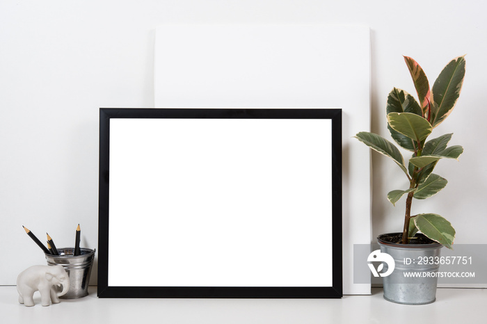 Styled tabletop, empty frame, painting art poster interior mock-