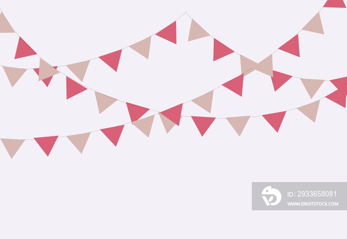 Wedding background. Party Valentine day flags. Triangle flags on the rope. Pastel party decoration. 