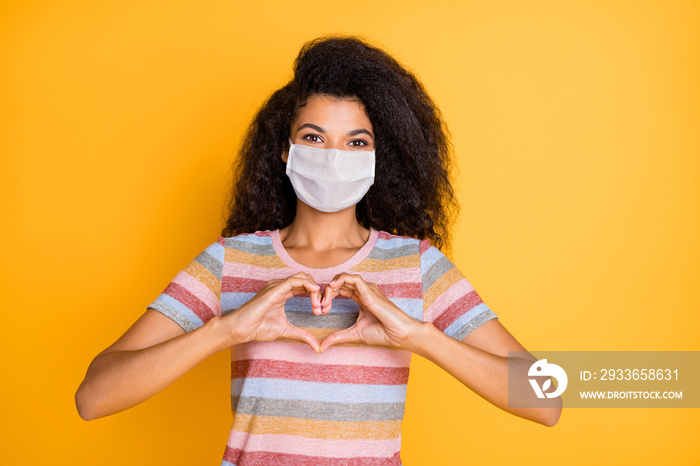 Close-up portrait of her she nice healthy wavy-haired girl wearing safety mask showing heart shape i