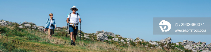 Senior couple practicing trekking together outdoors