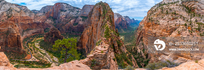 Panoramic of the Zion Canyon seen from the Angels Landing Trail high up in the mountain in Zion National Park, Utah. United States