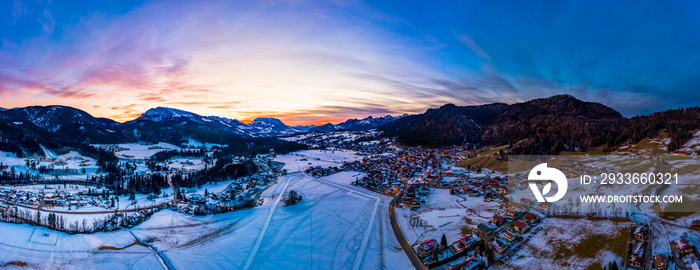 Aerial view, Snowy Reit im Winkl at dusk, Chiemgau, Upper Bavaria, Bavaria, Germany