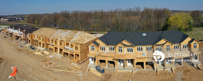 Aerial panorama of Paris, Ontario, Canada houses being built