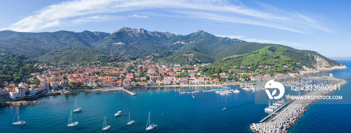 Elba Island, panoramic view of Marciana Marina. Aerial view