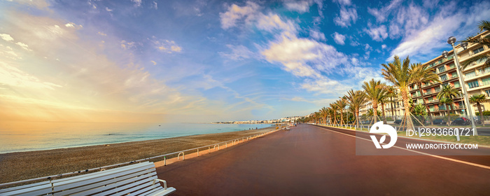 Promenade des Anglais in Nice at sunset. Cote d’Azur, French riviera, France