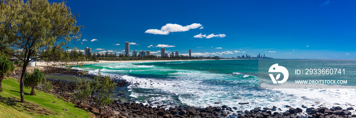 Gold Coast skyline and surfing beach visible from Burleigh Heads