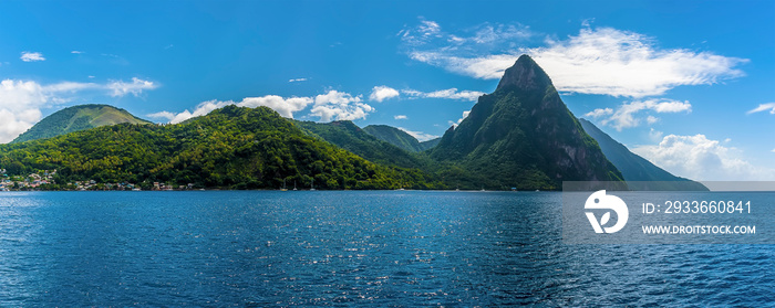 A panorama view of the Pitons from Soufriere in St Lucia in the morning
