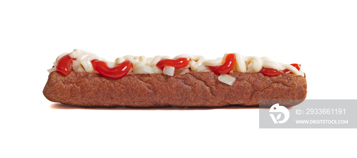 One frikadel with ketchup, mayonnaise on chopped onions, a Dutch fast food snack called ’frikadel speciaal’