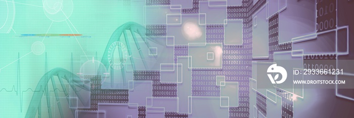 Composition of dna strand and medical data processing on green background