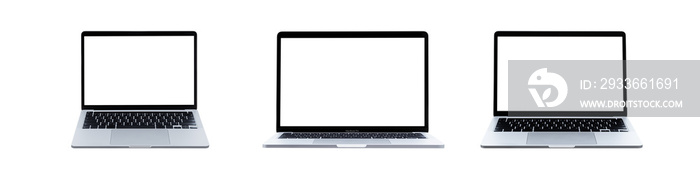 Collection of Laptop computer with blank screen isolated on white background