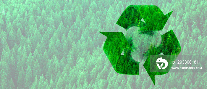 Recycle Symbol with Forest of Pine Trees on White Background Banner Copy Space