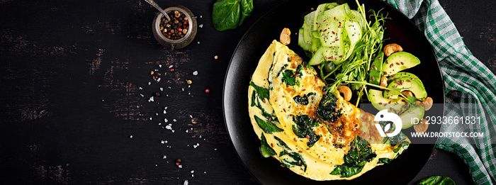 Ketogenic, paleo diet breakfast. Omelette with spinach and avocado, cucumber. Top view, banner